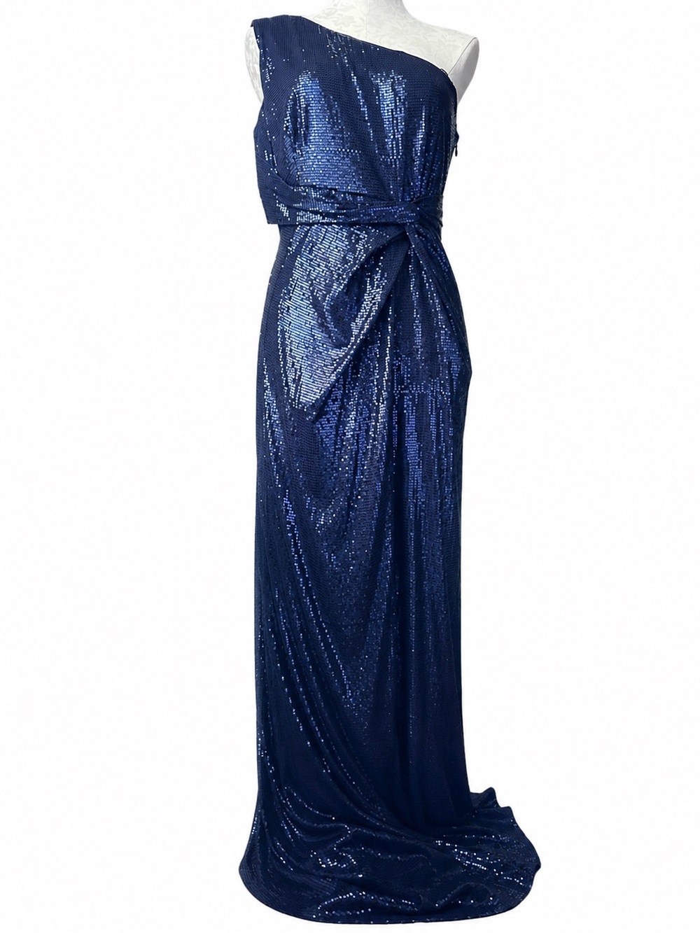 DAVID MEISTER Navy Sequin One Shoulder Gown Formal Evening Dress Size 12